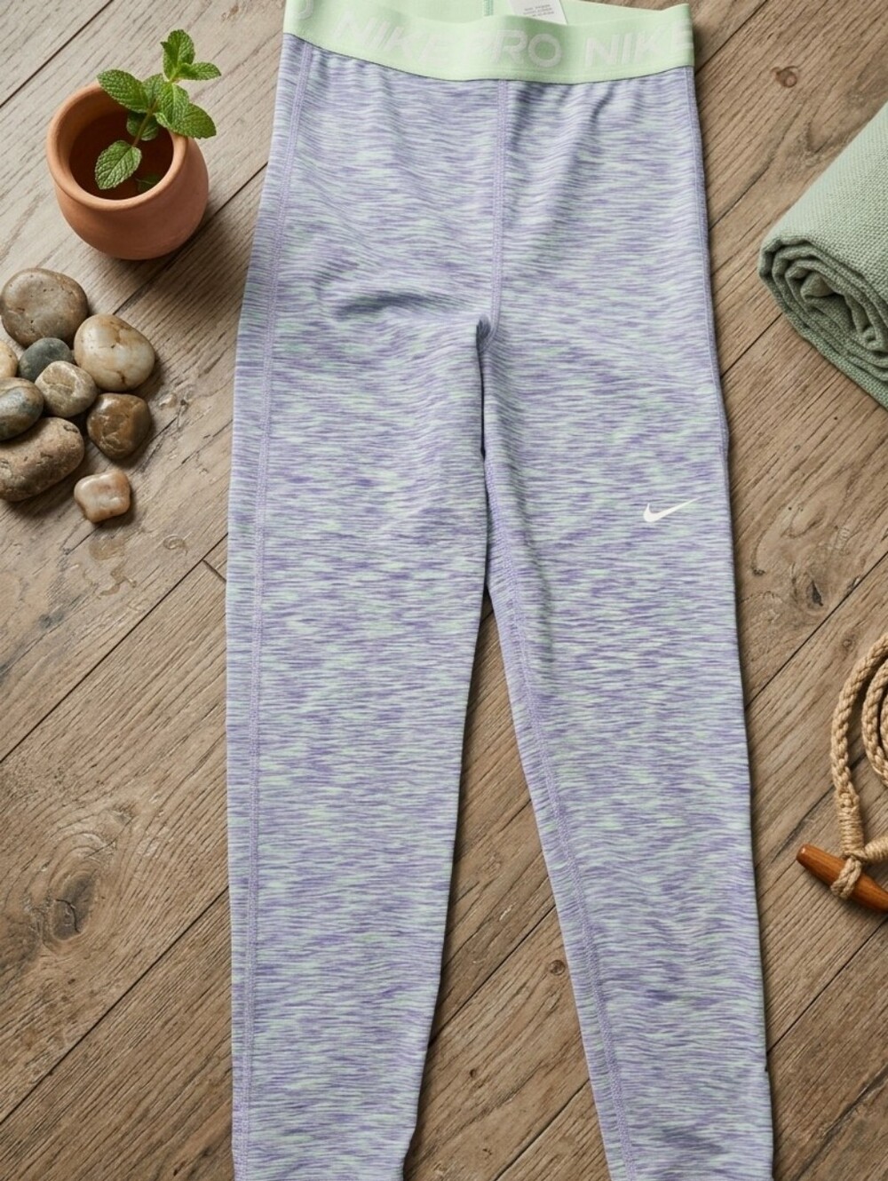 Nike Girls' Purple Space-Dye Leggings with Light Green Waistband